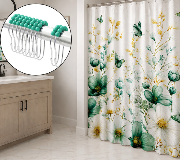 Green Floral Fabric Textured Shower Curtain with 12 Decorative Roller Ball Hooks