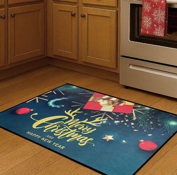 31" x 19" -Merry Christmas & Happy New Year Teal Non-Slip Washable Low Pile Kitchen Mat Entrance Door Mat Entrance Door Mat