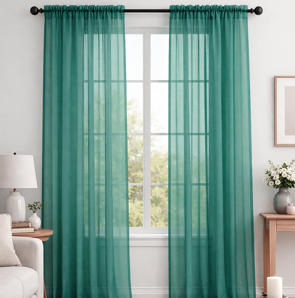 Teal Sheer Window Rod Pocket Curtain Set 90" Inches Long (2 Panels)