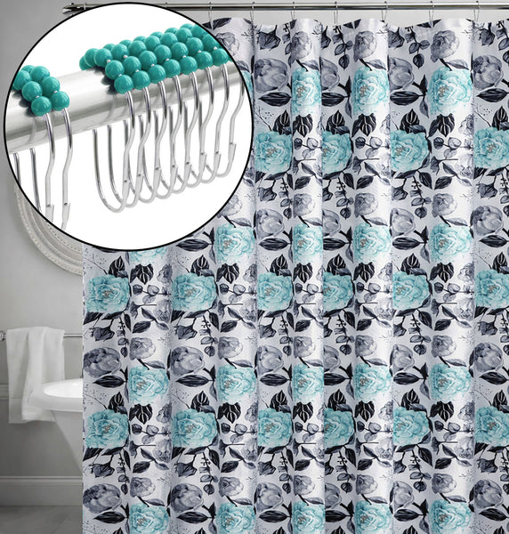 72" x 72" - Teal White Floral Fabric Textured Glam luxury Shower Curtain With 12 Metal Roller Ball Hooks