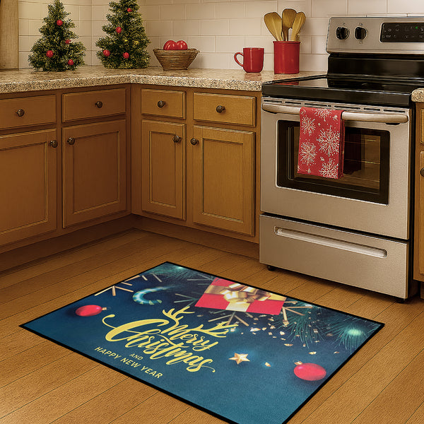31" x 19" -Merry Christmas & Happy New Year Teal Non-Slip Washable Low Pile Kitchen Mat Entrance Door Mat Entrance Door Mat