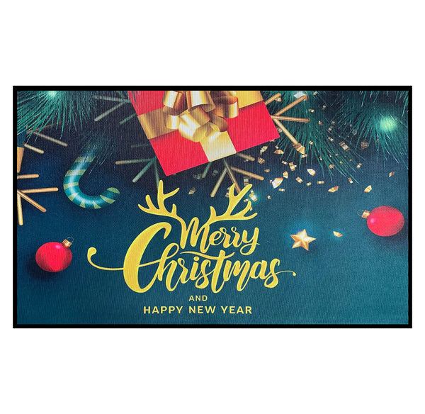 31" x 19" -Merry Christmas & Happy New Year Teal Non-Slip Washable Low Pile Kitchen Mat Entrance Door Mat Entrance Door Mat