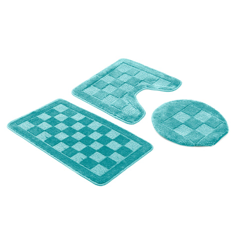 Teal Bath Set 3 Piece Anti-Slip Checkered Bathroom Mat, Large Contour Mat & Toilet Seat Lid Cover