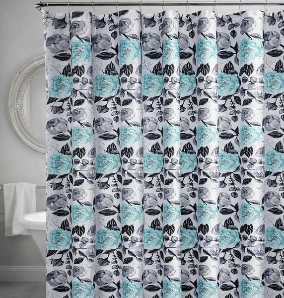 72" x 72" - Teal White Floral Fabric Textured Glam luxury Shower Curtain With 12 Metal Roller Ball Hooks