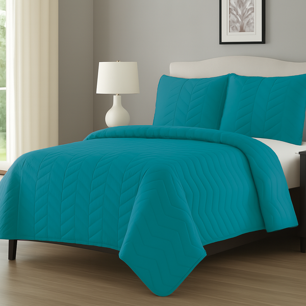 Teal 3 Piece Modern Geometric Solid Soft Plush Cozy Bedspread Quilt Set