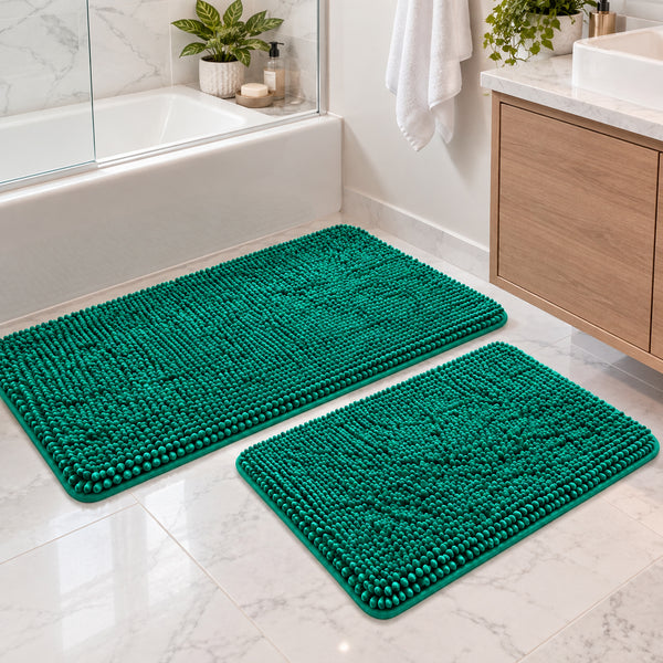 2pc Teal Plush Chenille Bath Mat Set – Soft Absorbent Bathroom Rugs