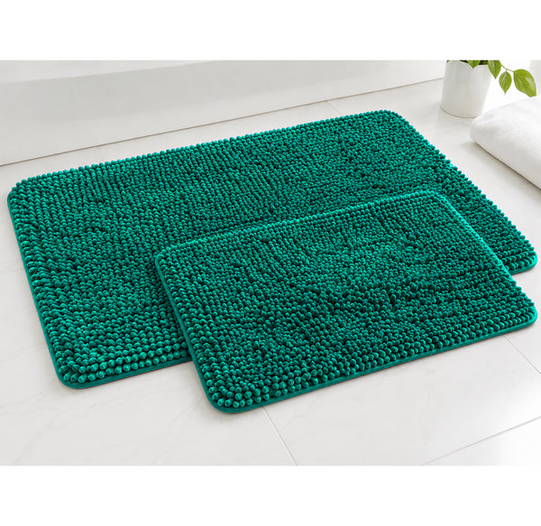 2pc Teal Plush Chenille Bath Mat Set – Soft Absorbent Bathroom Rugs
