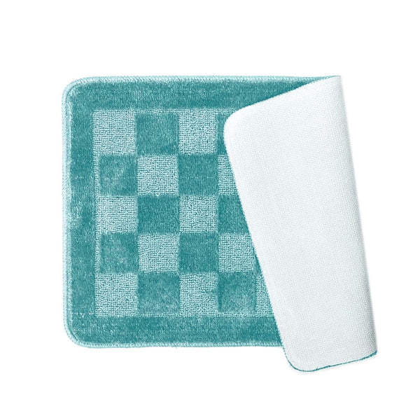 Teal Bath Set 3 Piece Anti-Slip Checkered Bathroom Mat, Large Contour Mat & Toilet Seat Lid Cover
