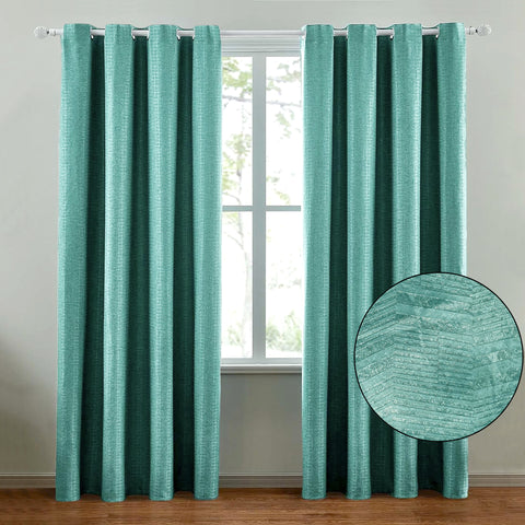 108" Long - 2 Piece Teal Solid Silky Geometric Embossed Blackout Grommet Window Curtain Panel Set