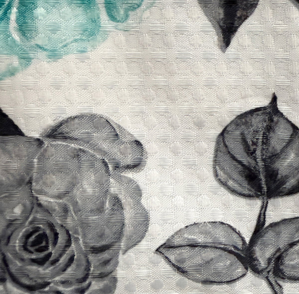 72" x 72" - Teal White Floral Fabric Textured Glam luxury Shower Curtain With 12 Metal Roller Ball Hooks