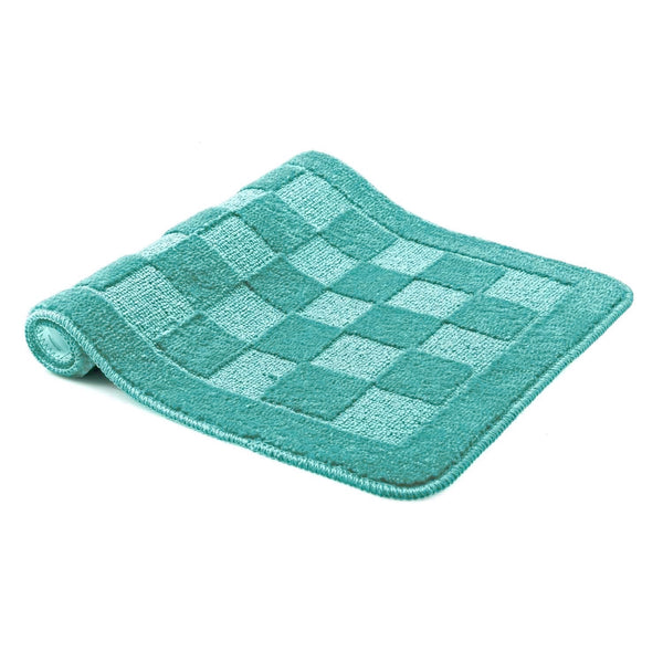 Teal Bath Set 3 Piece Anti-Slip Checkered Bathroom Mat, Large Contour Mat & Toilet Seat Lid Cover
