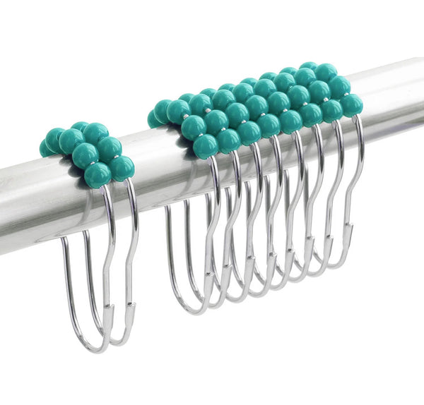 72" x 72" - Teal White Floral Fabric Textured Glam luxury Shower Curtain With 12 Metal Roller Ball Hooks