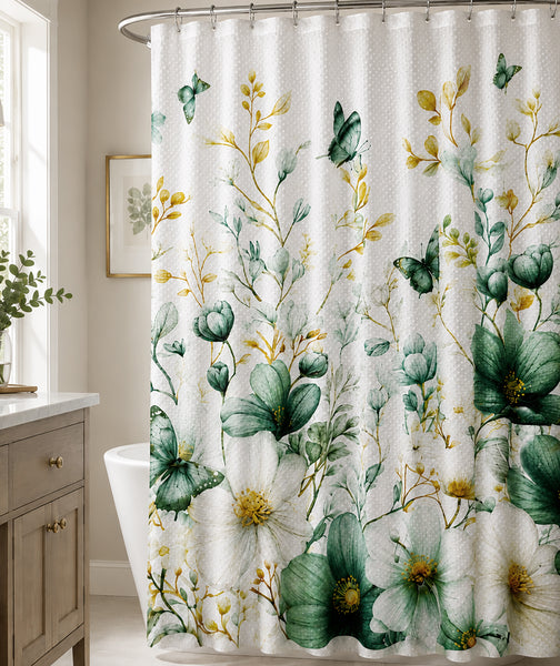 Green Floral Fabric Textured Shower Curtain with 12 Decorative Roller Ball Hooks