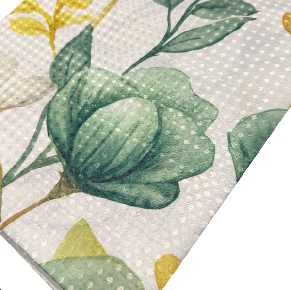 Green Floral Fabric Textured Shower Curtain with 12 Decorative Roller Ball Hooks