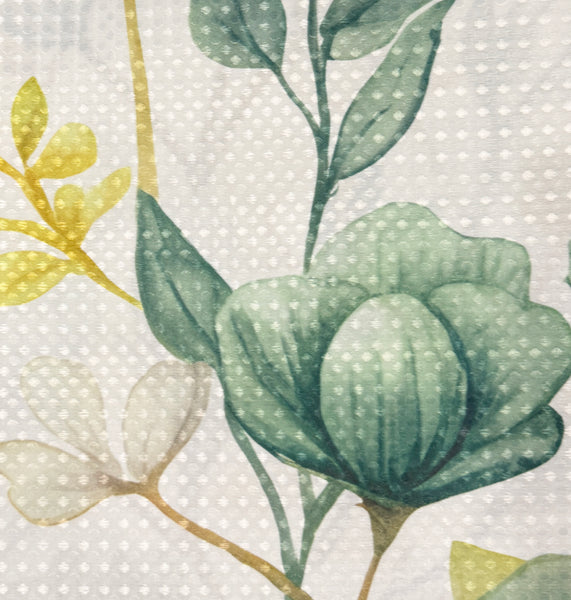Green Floral Fabric Textured Shower Curtain with 12 Decorative Roller Ball Hooks