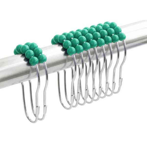 Green Floral Fabric Textured Shower Curtain with 12 Decorative Roller Ball Hooks
