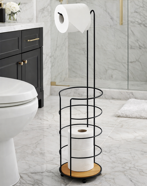 25" Tall - Matte Black Bamboo Toilet Paper Storage Stand Holder