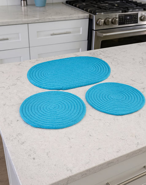 3 Piece Set - Blue Extra Thick Woven Trivet Round Placemats Natural Cotton Hot Potholder Mat Heat Resistant