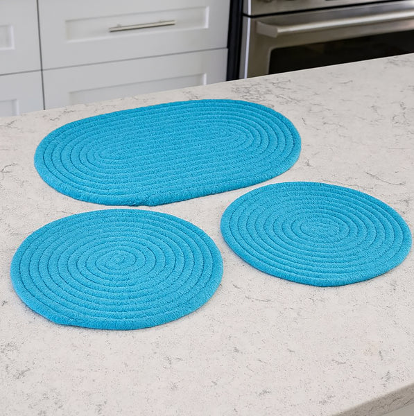 3 Piece Set - Blue Extra Thick Woven Trivet Round Placemats Natural Cotton Hot Potholder Mat Heat Resistant
