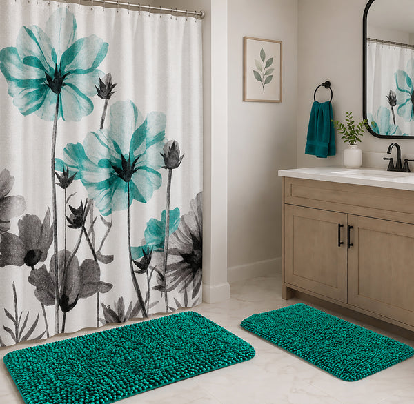 Teal Green Plush Thick Chenille Bath Mat with Floral Shower Curtain & Hooks - 15 Piece Set