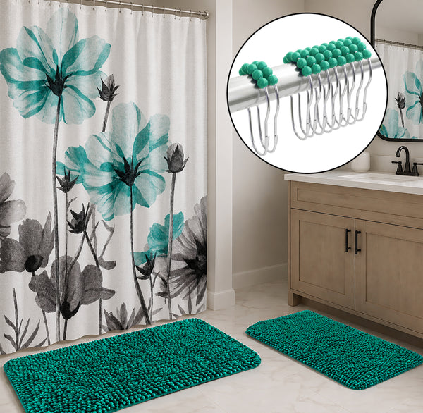 Teal Green Plush Thick Chenille Bath Mat with Floral Shower Curtain & Hooks - 15 Piece Set