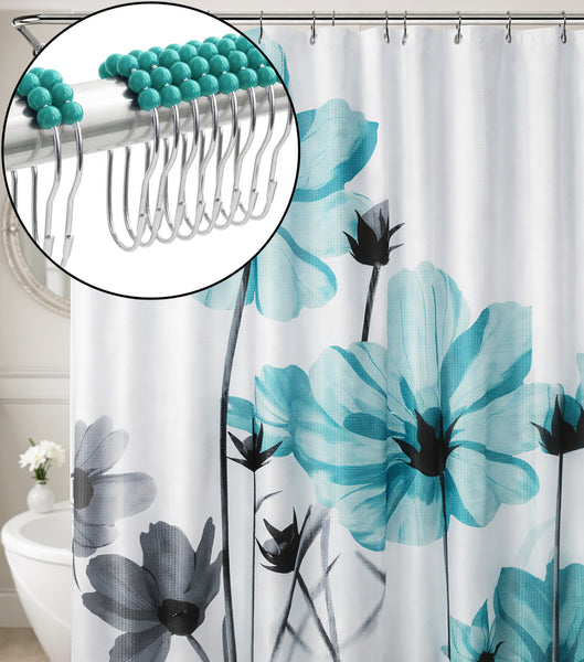 72" x 72" - Turquoise White Floral Fabric Textured Glam luxury Shower Curtain With 12 Metal Roller Ball Hooks
