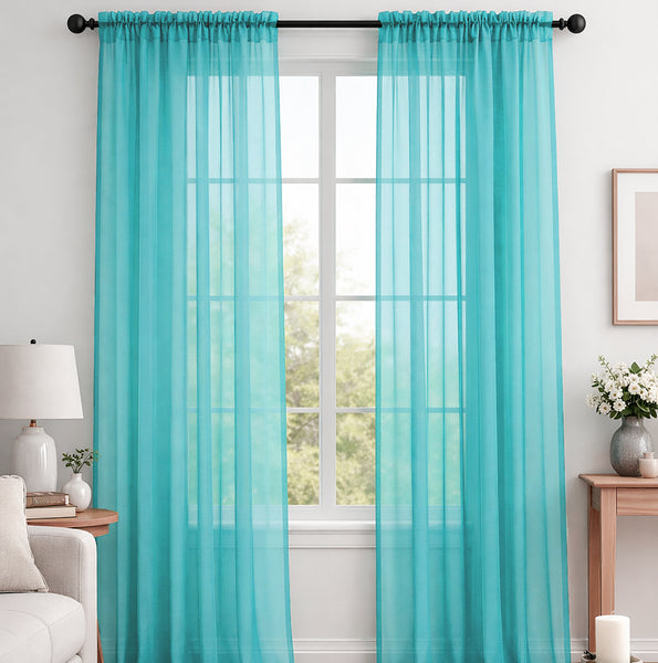 Turquoise Blue Sheer Window Rod Pocket Curtain Set 90" Inches Long (2 Panels)