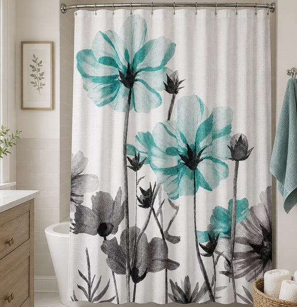 Teal Green Plush Thick Chenille Bath Mat with Floral Shower Curtain & Hooks - 15 Piece Set