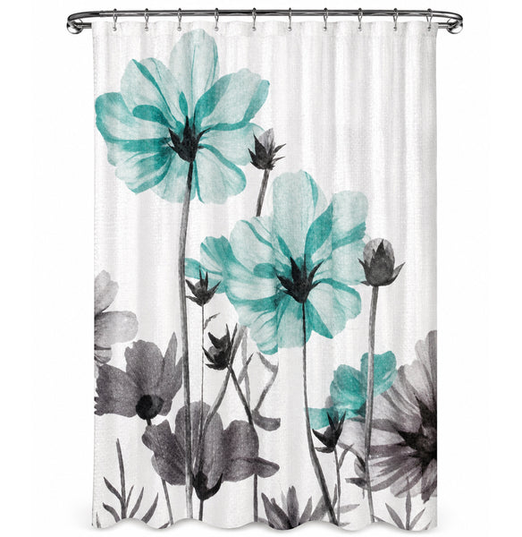 Teal Green Plush Thick Chenille Bath Mat with Floral Shower Curtain & Hooks - 15 Piece Set