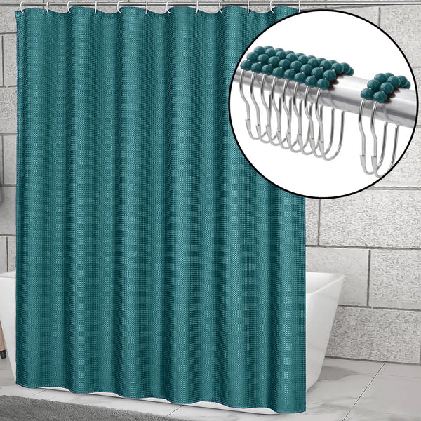 72" x 72" - Turquoise Blue Fabric Textured Glam luxury Shower Curtain With 12 Metal Roller Ball Hooks