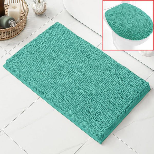 2 Piece Set Turquoise Blue Soft Cozy Plush Chenille Bath Mat Bathroom Rug & Toilet Seat Cover