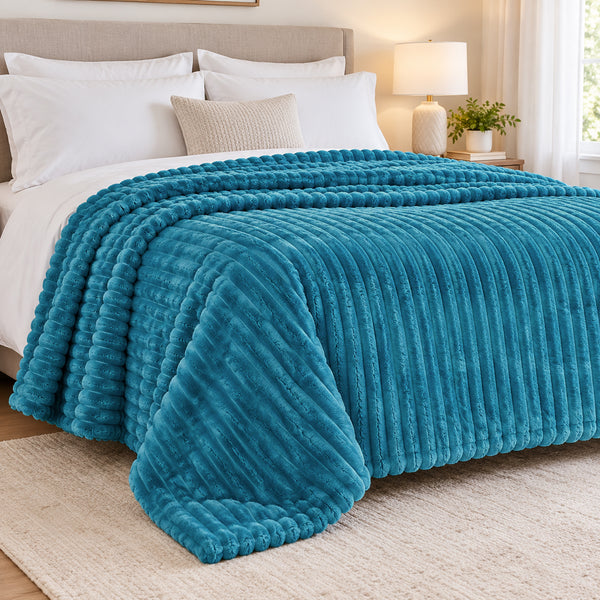 King Size Turquoise Blue Ultra Soft Cozy Textured Fluffy Plush Ribbed Faux Fur Bed Blanket
