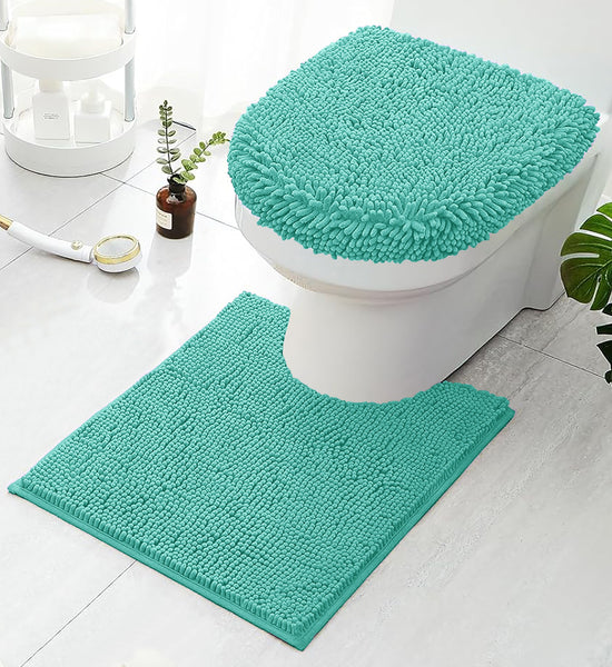 2 Piece Set Turquoise Blue Soft Cozy Plush Chenille Bath Mat Bathroom Rug & Toilet Seat Cover