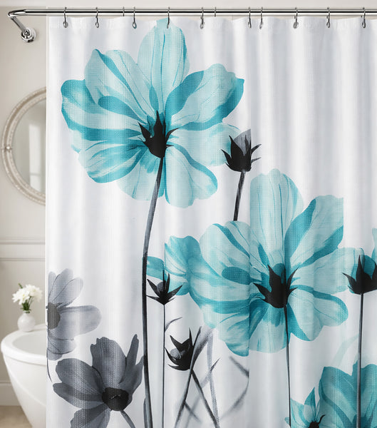 72" x 72" - Turquoise White Floral Fabric Textured Glam luxury Shower Curtain With 12 Metal Roller Ball Hooks