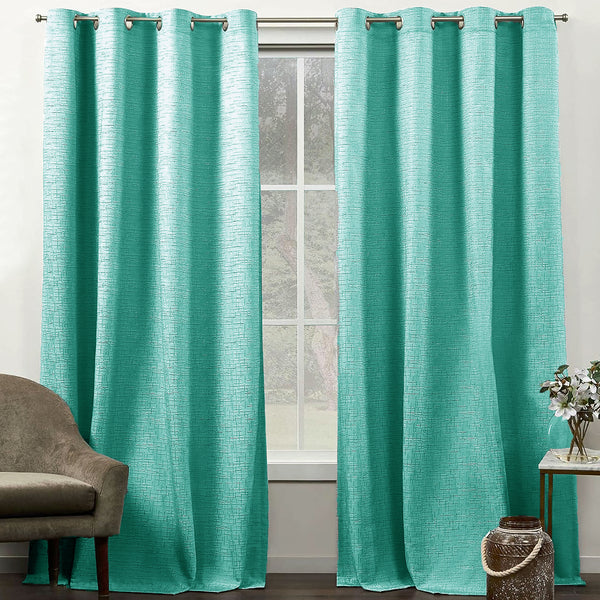108" Long - 2 Piece Turquoise Blue Solid Silky Geometric Embossed Blackout Grommet Window Curtain Panel Set