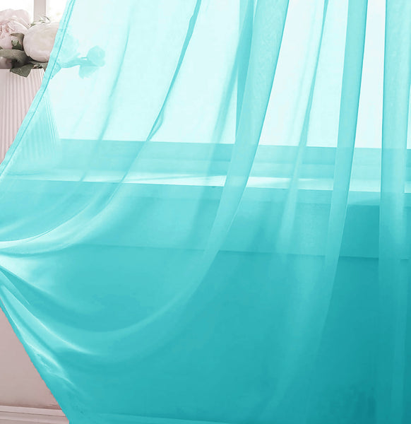 Turquoise Blue Sheer Window Rod Pocket Curtain Set 90" Inches Long (2 Panels)