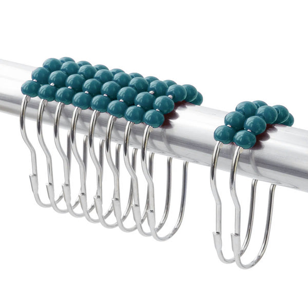 72" x 72" - Turquoise Blue Fabric Textured Glam luxury Shower Curtain With 12 Metal Roller Ball Hooks