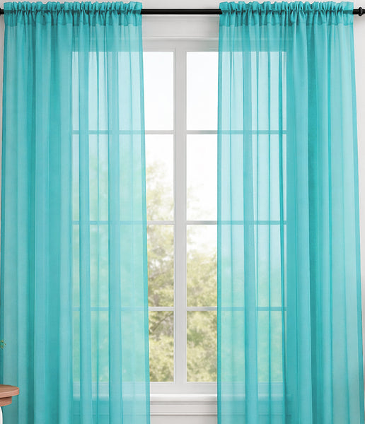 Turquoise Blue Sheer Window Rod Pocket Curtain Set 90" Inches Long (2 Panels)