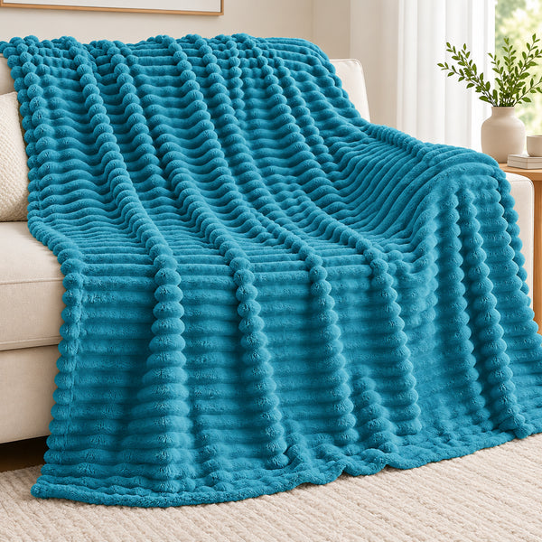 King Size Turquoise Blue Ultra Soft Cozy Textured Fluffy Plush Ribbed Faux Fur Bed Blanket