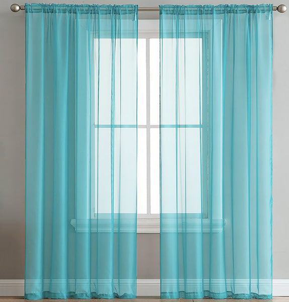 Turquoise Blue Sheer Window Rod Pocket Curtain Set (2 Panels)