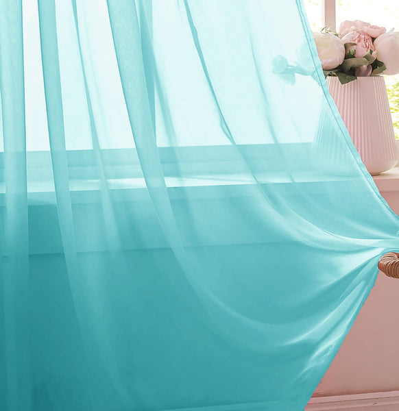 Turquoise Blue Sheer Window Rod Pocket Curtain Set (2 Panels)