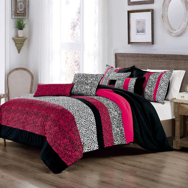 7 Piece Pink Black White Zebra Animal Print Comforter Set Soft Bedding
