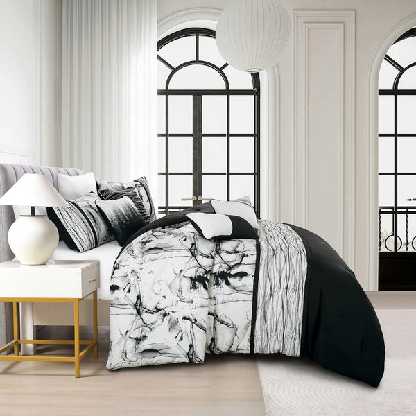 7 Piece Black White Abstract Modern Comforter Set Soft Bedding