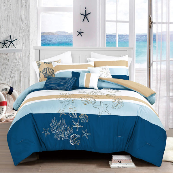 7 Piece Coastal Blue Beige Modern Comforter Set Soft Bedding