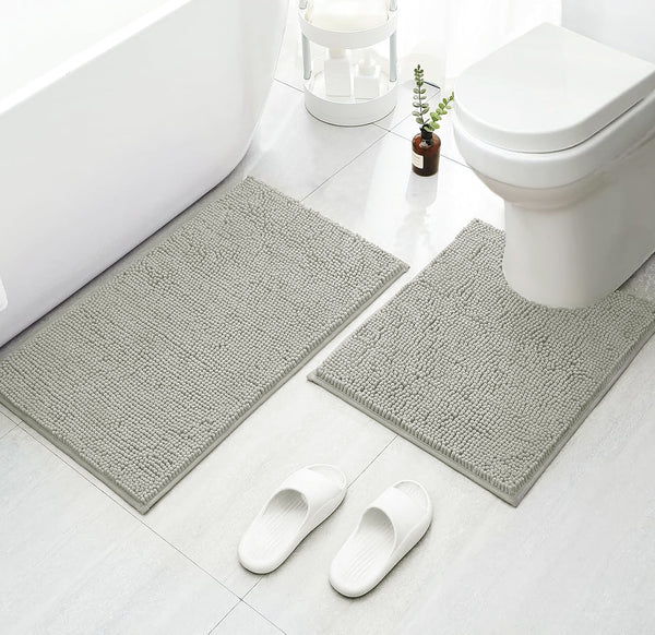 2 Piece Set Warm Grey Soft Cozy Plush Chenille Bath Mat Bathroom Rug