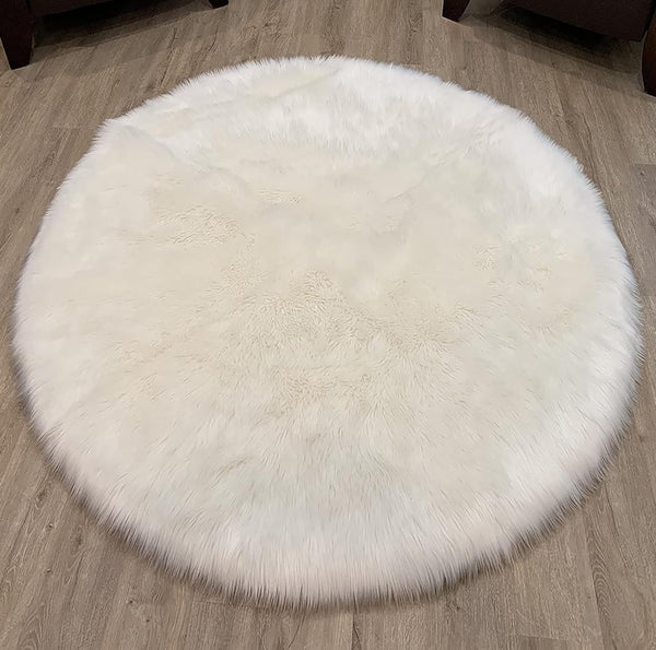 3x3 Feet Round White Faux Fur Sheepskin Soft Plush Fuzzy Rug