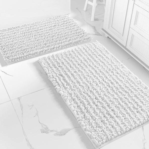 Large 2 Piece Set White Soft Cozy Plush Chenille Bath Mat Bathroom Rug