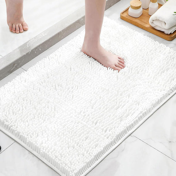 2 Piece Set White Soft Cozy Plush Chenille Bath Mat Bathroom Rug & Toilet Seat Cover