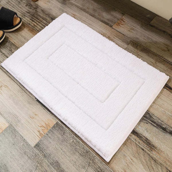 White 2 Piece Bordered Box Plush Soft Cozy 100% Polyester Bath Mat Set