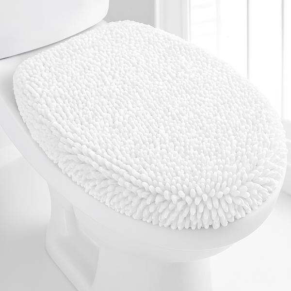 2 Piece Set White Soft Cozy Plush Chenille Bath Mat Bathroom Rug & Toilet Seat Cover